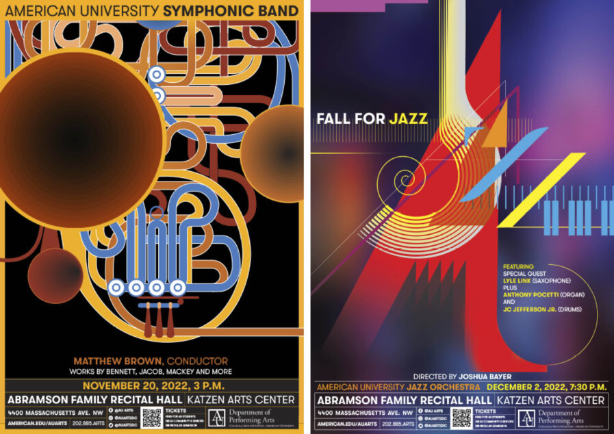 Promo posters from Chemi Montes for the American University Department of Performing Arts' two upcoming performances.